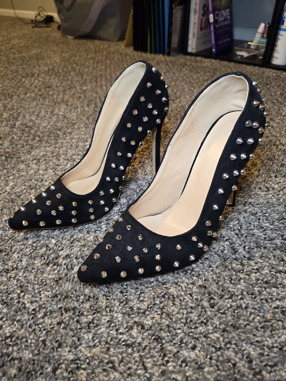 Studded Black Pointed Toe High Heel Pumps